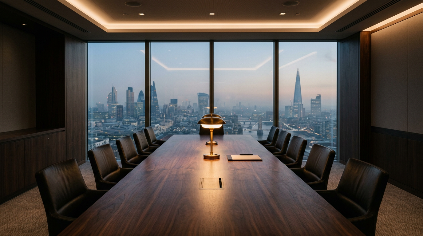 An empty walnut meeting table with a brass lamp above the London skyline at dusk