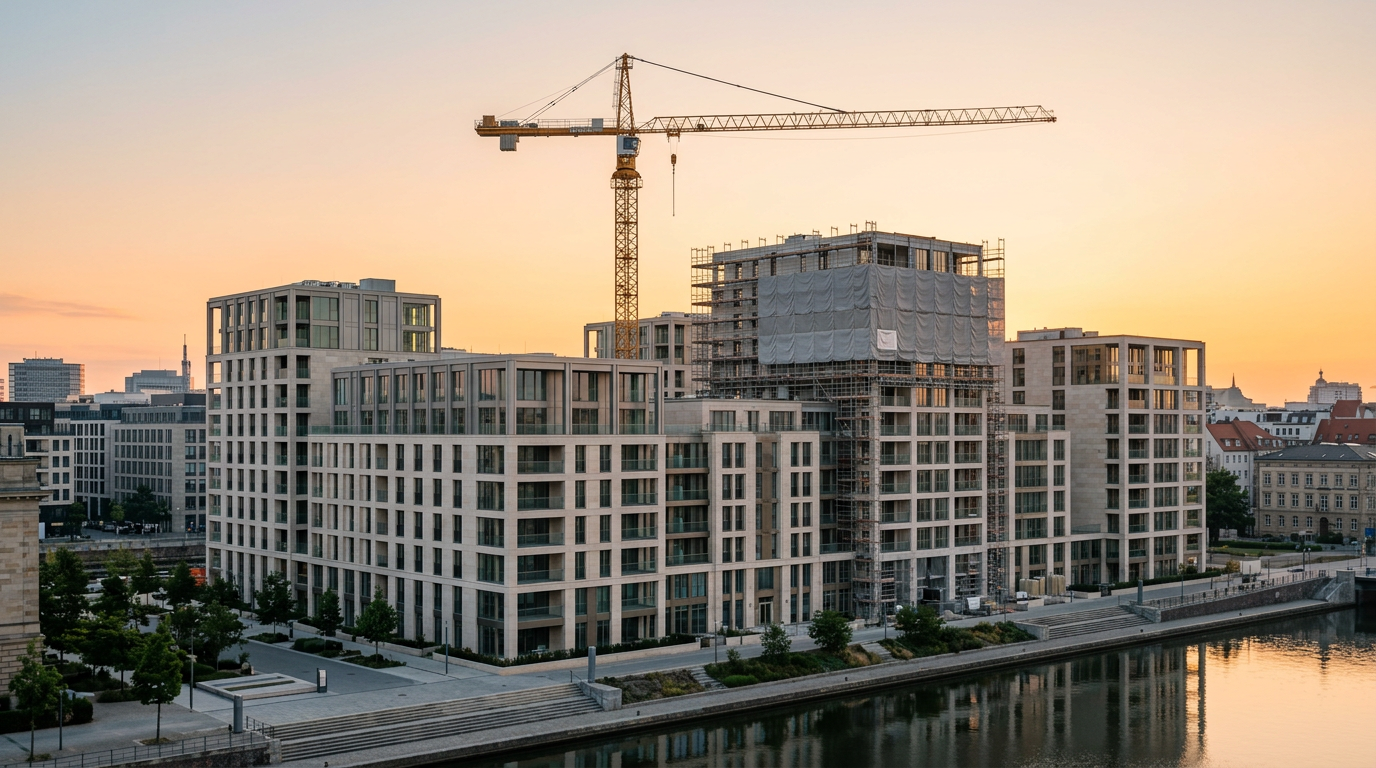 A limestone and glass residential scheme under construction at dawn