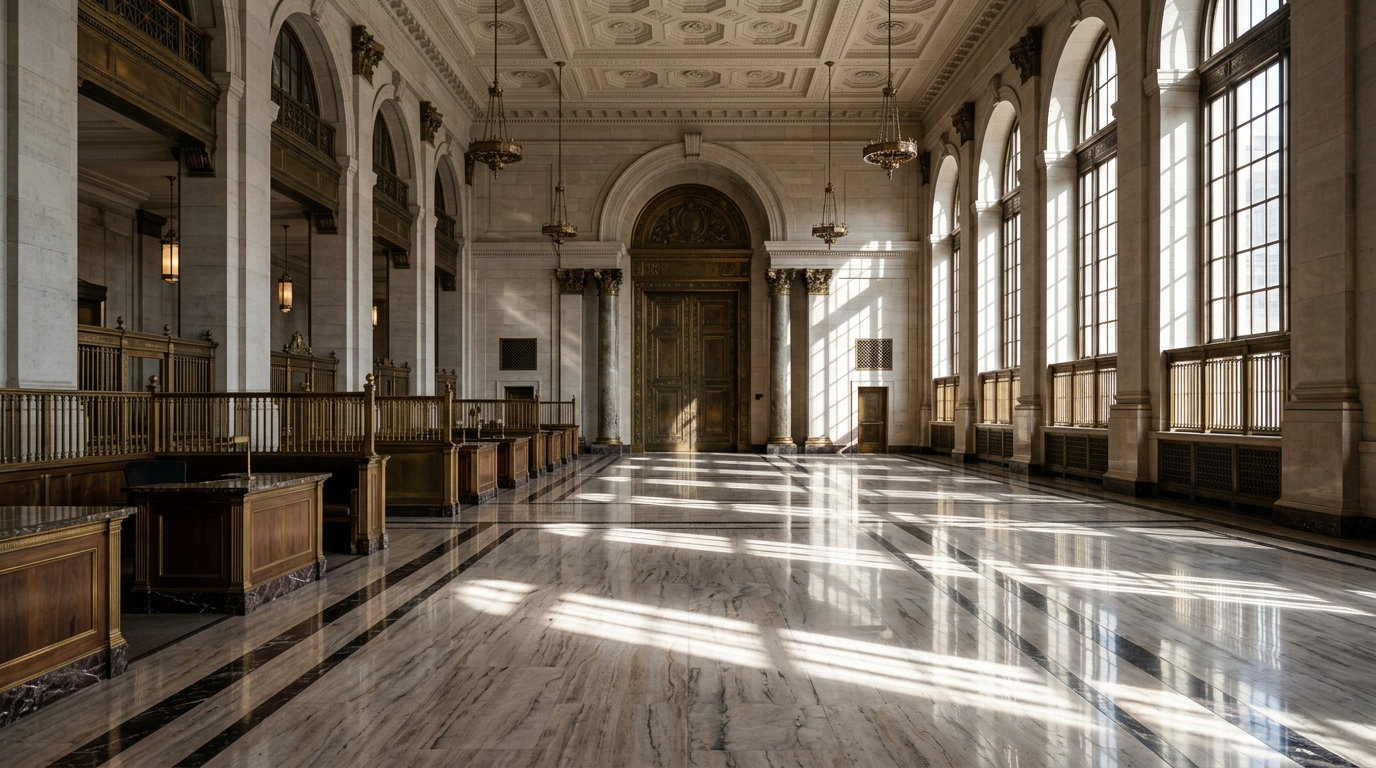 An empty private banking hall with marble floor and bronze doors